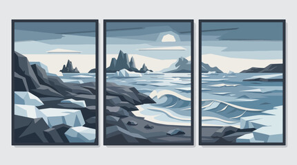 Minimalist vector illustration featuring a triptych of a frozen arctic landscape with icy mountains and cold blue ocean waves crashing © hadi