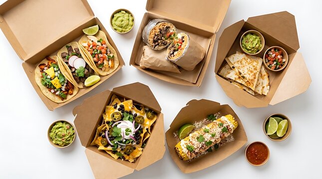 Mexican food takeout in cardboard boxes including tacos burritos nachos and quesadillas from above. mexican food boxes