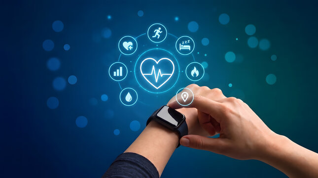 Smartwatch health tracker concept: Hand using wearable technology with glowing fitness and medical hologram icons, Futuristic digital health monitoring.