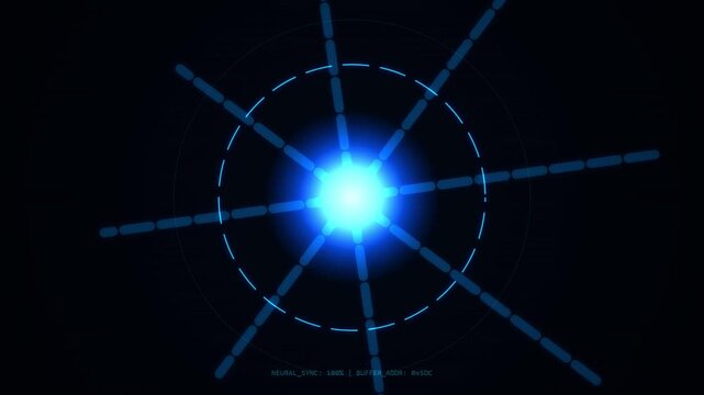 Abstract digital radar screen with glowing blue light at center, pulsing energy, radiating lines and circular grid, representing technology and data