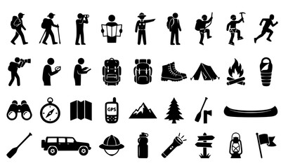 Explorer and traveler silhouette icon set with hikers backpacks binoculars maps safari guides and outdoor adventure symbols isolated on white background © Shahinur