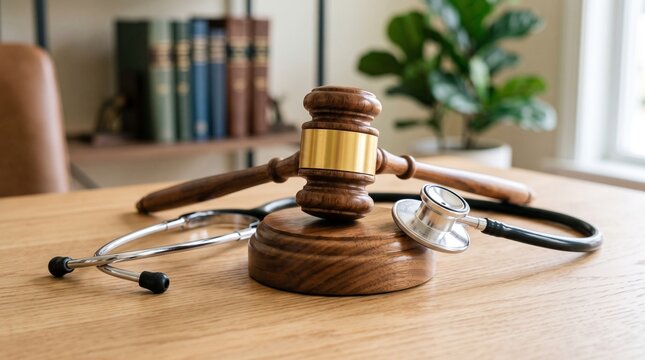Law, medicine, justice, gavel, stethoscope, wooden desk, courtroom, healthcare
