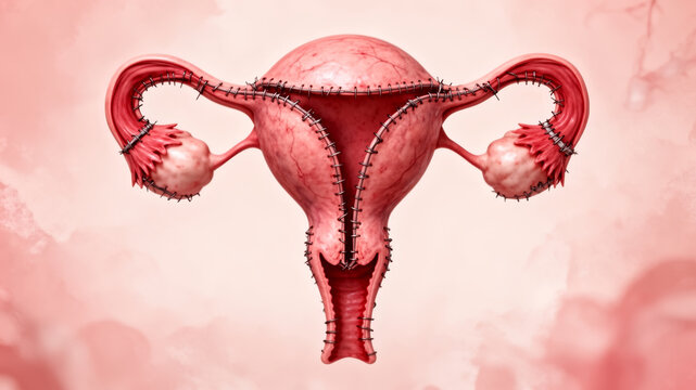 Endometriosis concept ,Uterus with surgical sutures showing healing after surgery, medical concept of recovery and care