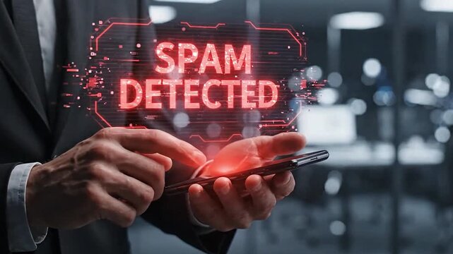 Cutting-edge mobile security instantly identifies and warns against unsolicited digital threats with a prominent 'SPAM DETECTED' holographic alert on a smartphone, safeguarding user privacy