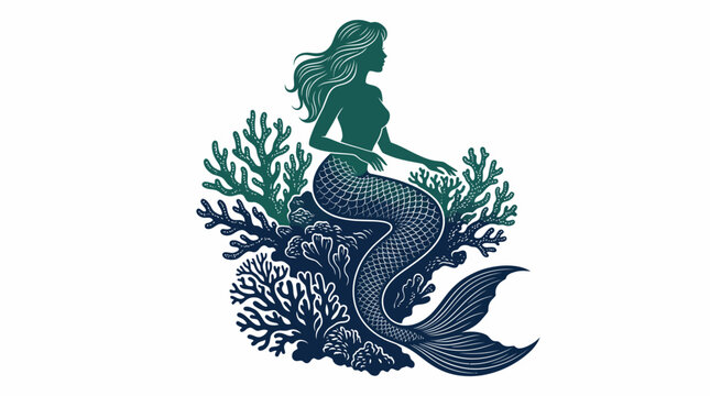 Elegant mermaid silhouette sitting on coral reef under sea with intricate scales pattern.