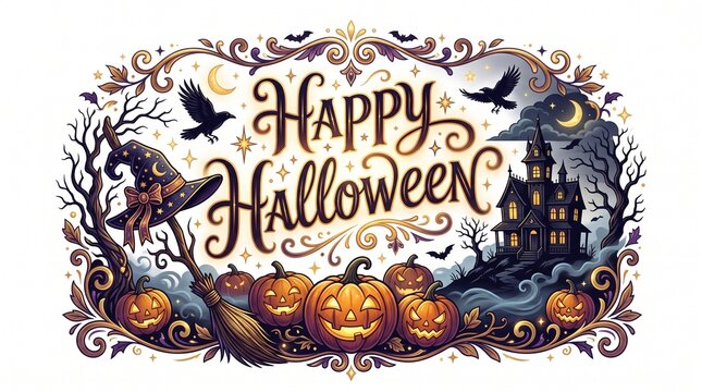 Halloween decoration, Happy Halloween banner, spooky illustration, autumnal design