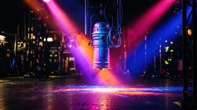 Dynamic stage with vibrant multicolored lights creating energetic Blur background of empty fashion runway catwalk