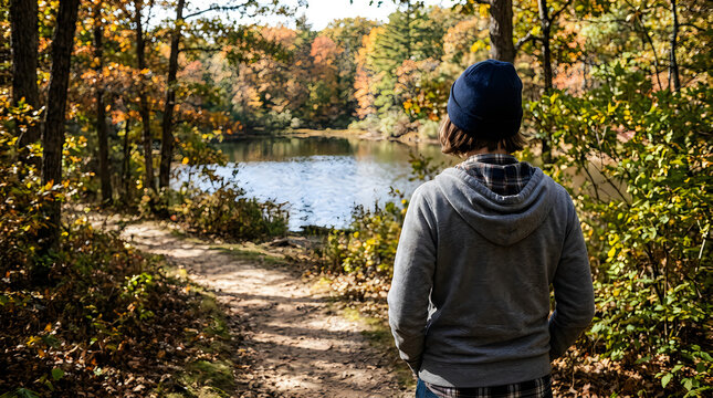 Person wearing beanie hat standing in forest looking at serene lake during vibrant autumn season time.