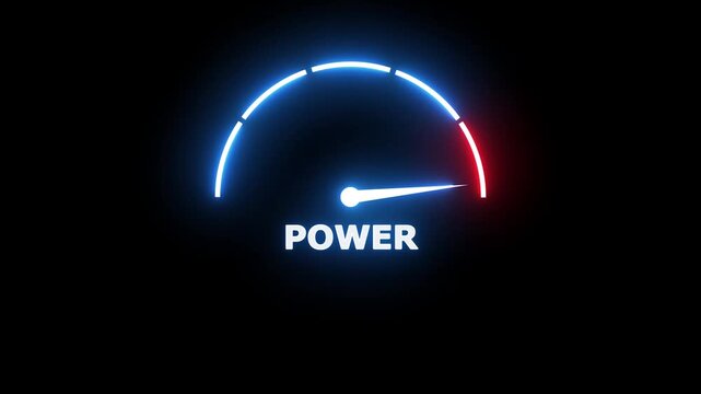 Glowing power meter gauge with a neon blue and red arc and a white needle on a black background for technical dashboard interface visualization