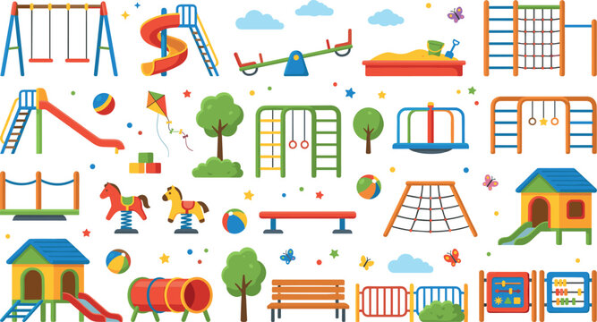 Playground Equipment Includes Slides, Swings, Climbing Frames, and Sandboxes in a Colorful and Vibrant Design