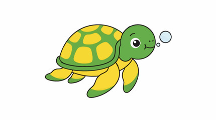 Adorable Cartoon Sea Turtle Illustration with Yellow Shell and Green Flippers, Floating with Bubbles, Simple Flat Design, Isolated on White Background © Ari