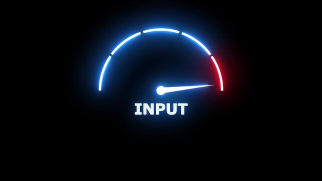 Glowing neon input gauge indicator with a bright blue and red arc on a dark black background representing data intake and system processing levels