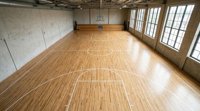 Empty Basketball Court with Light Wood Flooring and Wooden floor sports hall marking lines