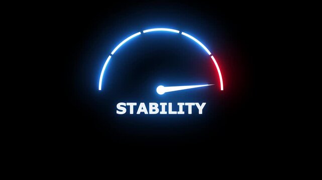 A glowing neon speedometer gauge with a blue and red arc on a black background showing the word stability in white bold capital letters below it