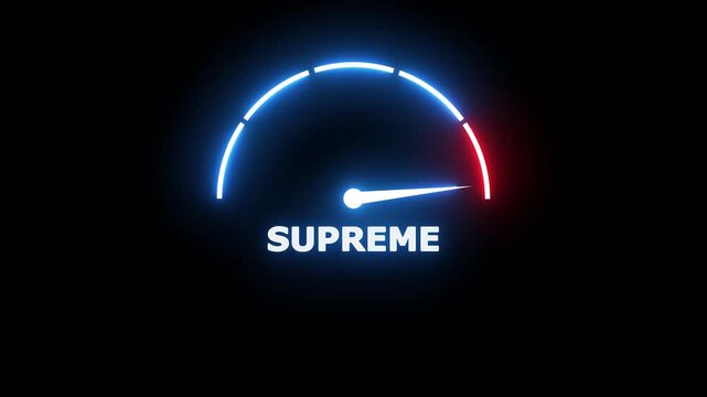 Glowing neon gauge meter with a needle pointing to the word supreme on a dark background representing performance measurement and assessment metrics