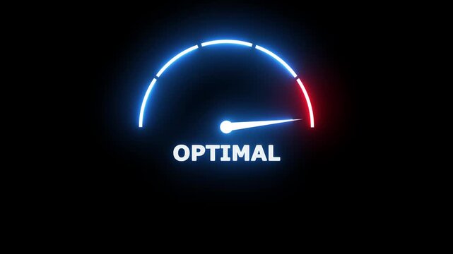 Neon light gauge meter with a needle pointing towards the word optimal on a black background representing performance and superior results