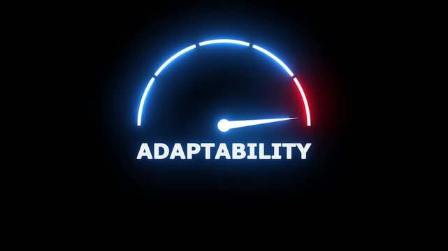 Glowing neon gauge meter with a needle pointing to the word adaptability on a dark background representing change and business responsiveness