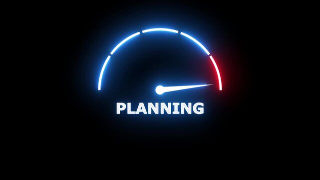Glowing neon gauge speedometer with a white needle indicating planning on a dark black background for business performance measurement concepts
