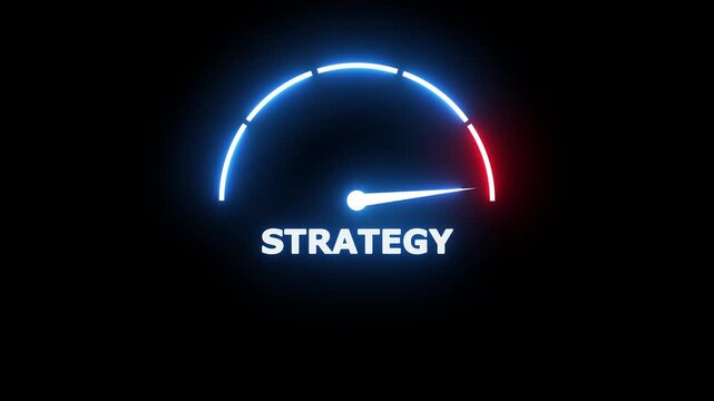 Glowing neon gauge speedometer with a white needle indicating strategy on a dark black background for business performance measurement concepts
