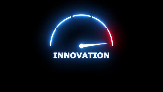 Glowing neon gauge meter with a needle pointing to the word innovation on a dark background representing development and business advancement