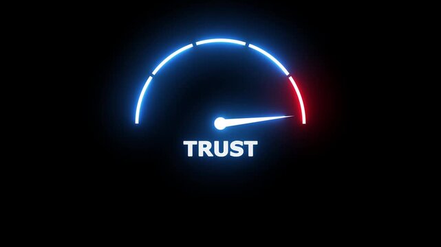 Glowing neon speedometer gauge with a needle pointing to the word trust centered on a dark black background for business concepts