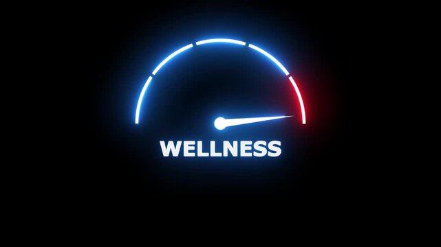 Glowing neon speedometer gauge showing levels of wellness with a bright blue indicator needle on a deep black background