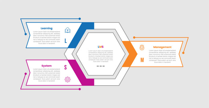 LMS learning management system infographic template with hexagon base outline opposite rectangle box and arrow with 3 points information flat style
