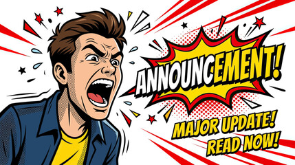 Man shouting announcement with comic book style explosion