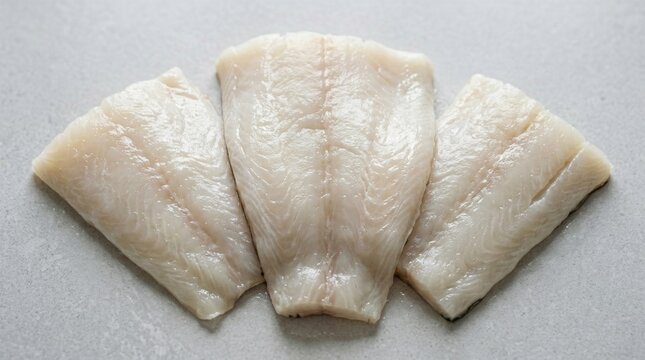 Fresh halibut fillets in a triangular formation on Raw cod loin pieces white background