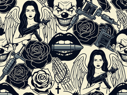 Vintage Tattoo Seamless Pattern with Angel, Evil Clown, Roses, and Guns