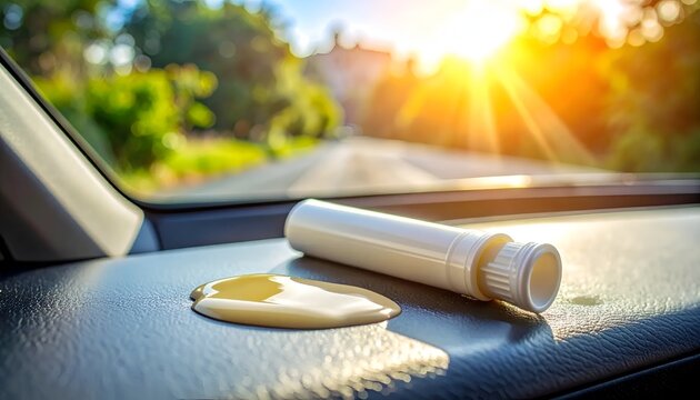 Melted Lip Balm on Car Dashboard Under Intense Summer Sunlight Causing Messy Damage and Sticky Stain