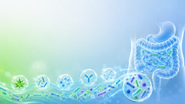 Gut microbiome science concept with digestive system and beneficial bacteria