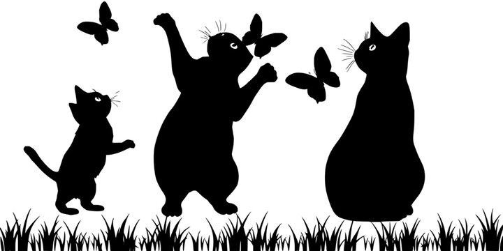 Three black silhouette cats in different playful poses, each interacting with butterflies in a minimalist style. The first cat is standing on its hind legs reaching up to a butterfly, the second ca...