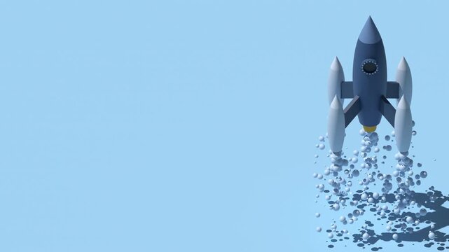 3D isometric rocket animation. Space rocket. Futuristic rocket. Startup rocket business project. Successful project launch mission. Isometric technology. 4K video animated in isometric style