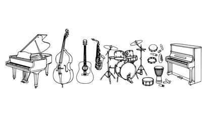 Fototapeta premium Musical Instruments Outline Vector Set Piano Guitar Saxophone Drums and Contrabass