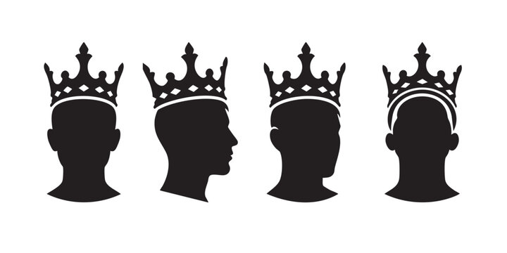 Black Silhouette Vector Set of Crown Wearing Royal Head Profile Avatars