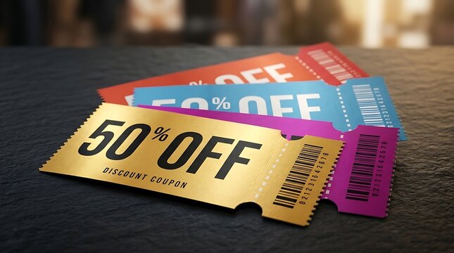 Stack of vibrant discount coupons with 50 percent off offer on golden ticket