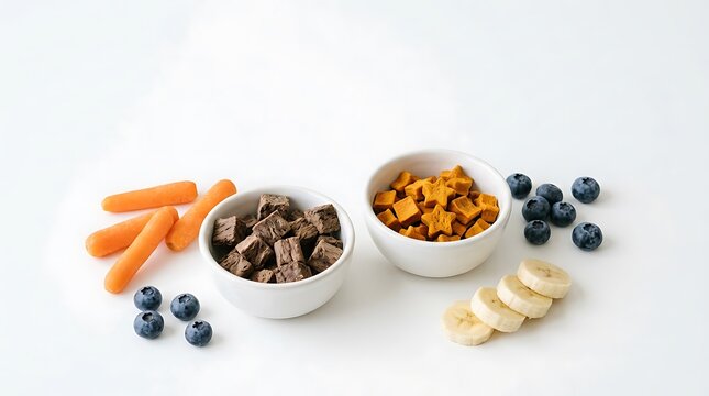Healthy pet food bowls with fresh carrots blueberries bananas and dried meat treats for dogs. puppy snack ideas