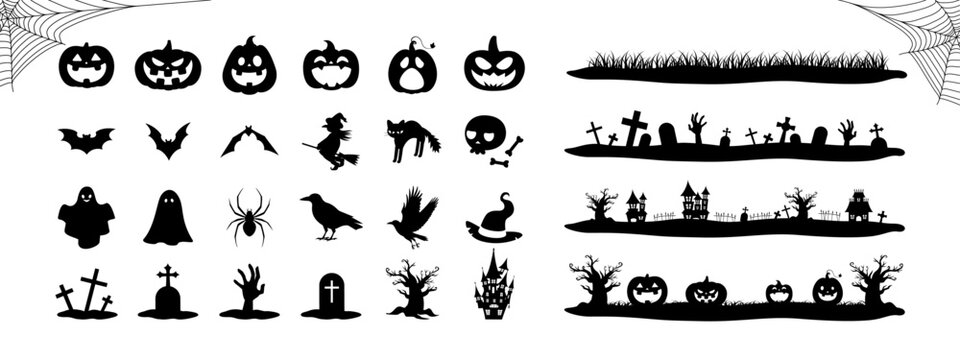 ハロウィンのかぼちゃやおばけと不気味な飾り罫のシルエット素材セット