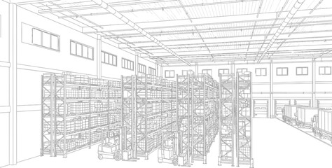 Obraz premium Warehouse Interior Sketch with Racks and Shelves, Industrial Storage Space Drawing