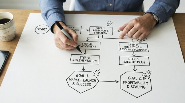 Professional businessman uses a black marker to carefully draw a complex business flowchart on a large white paper sheet while sitting at a wooden desk