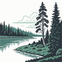 Peaceful river landscape with lush evergreen pine forests and soft clouds in the sky above a calm flowing water surface area © MST RAMIJA