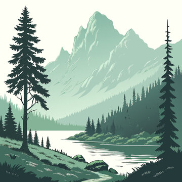 Mountain landscape with a calm lake, dense pine forest, and towering mountain peaks in a soft green and white color scheme