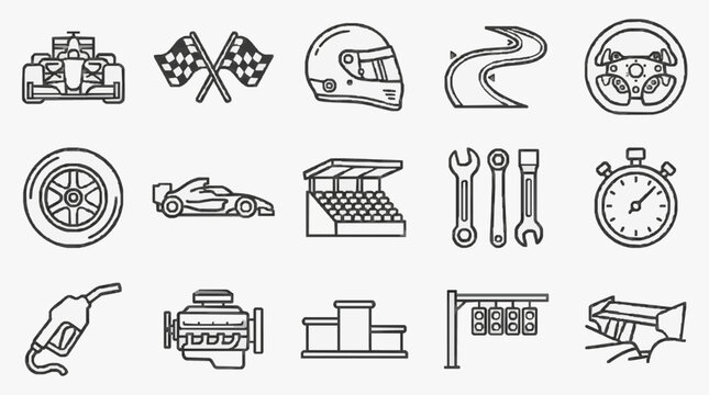 Corporate Black and White Line Icons Set Featuring Racing Car Maintenance and Fueling Equipment