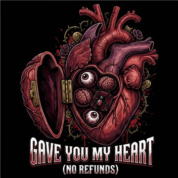 Dark romance anatomical heart opened like a chocolate box containing brains, eyeballs, and a spider with the quote Gave You My Heart No Refunds, ideal for funny anti-valentine t-shirt designs.