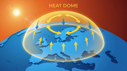 Fototapeta premium Heat wave extreme climate weather map heat dome effect over world illustration shows hot air pattern. Global warming crisis emergency. hot summer high temperature, drought