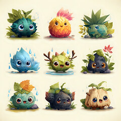 Charming Digital Illustration Featuring a Diverse Array of Cute Woodland Critters and Enchanting Plant Sprites with Expressive Eyes © VISUALCRAFT