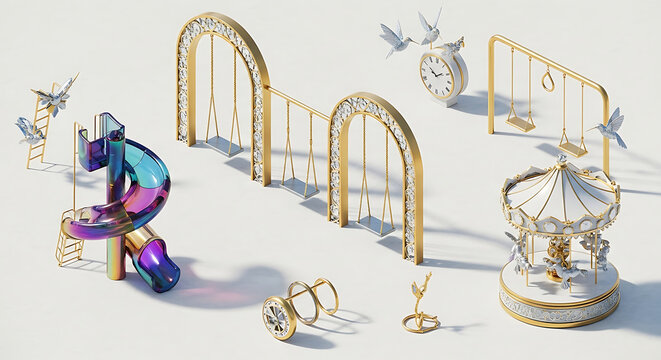Luxury golden playground with a carousel and jewelry inspired slide featuring diamonds and ornate swings on a white background