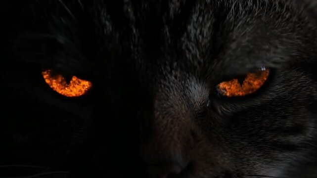 Close up of a dark cat with glowing orange reptilian eyes shining in the dark, dragon eye concept