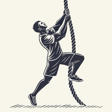 Man climbing a vertical rope, fitness showing athletic training and strength in dark blue tones on a white background, isolated